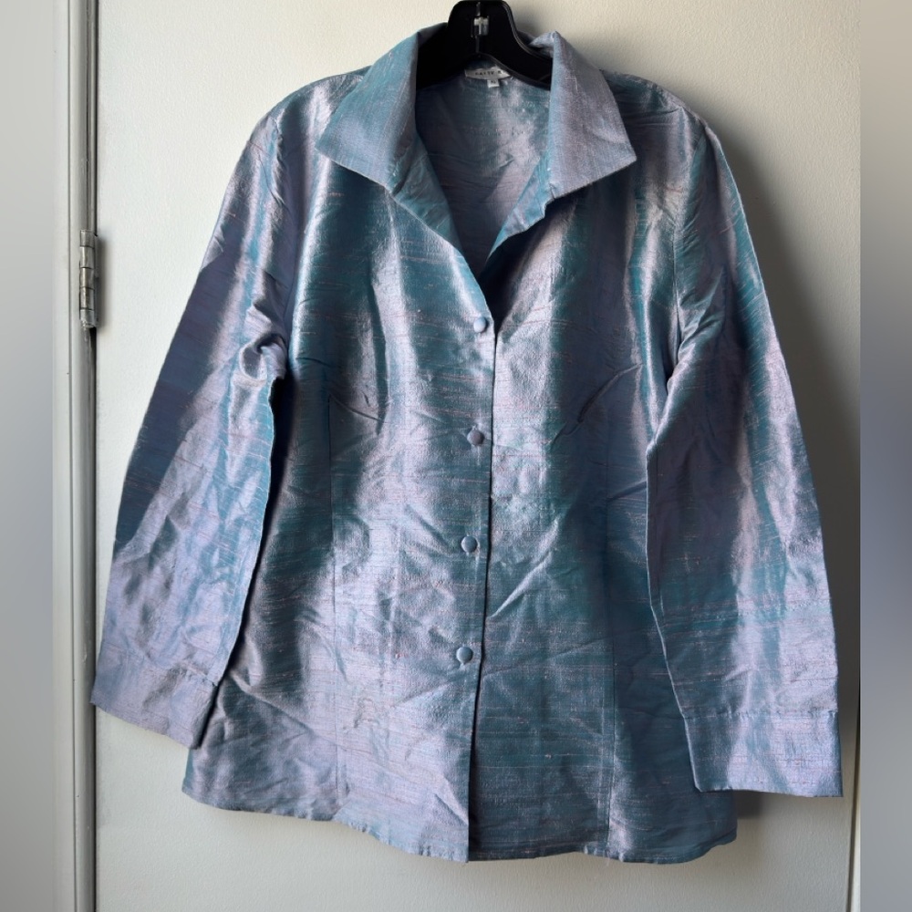 Patty Kim Iridescent Blue 100% Silk Top Blazer Button & Sash